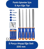 #EğeSeti 5 Parça Metal Eğe Seti 200 mm Karbon Çelik Orta Pürüzlü Düz Yuvarlak Yarım Yuvarlak Kare Üç