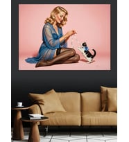 Kedi İle Pin-Up Kadın Dekoratif Kanvas - Mdf Ahşap Tablo