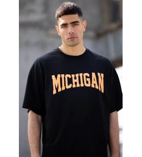 Unisex Bisiklet Yaka Baskılı Oversize T-Shirt - Siyah