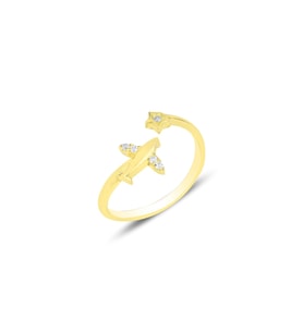 Gümüş altın yaldızlı zirkon taşlı uçak ve yıldız modeli ayarlamalı yüzük SGTL12152GOLD (Rose)