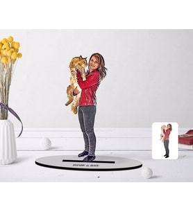 BK Gift Kişiye Özel Tam Boy Kız ve Kedi Karikatürlü Ahşap Biblo Model-1 (Beyaz)