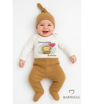 BABYDEN'S Annesinin Aslanı Baskılı 3’lü Bebek Takımı Uzun Kol Çıtçıtlı Zıbın, Ribana Pantolon,Bere %100 Pamuk (Beyaz - Kahverengi)