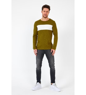 Haki Unisex Regular Fit Bisiklet Yaka Uzun Kollu  Şeritli Sweat