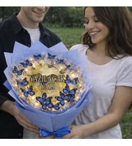 MAVİ AYNALI LEDLİ KELEBEK BUKETİ (Mavi-Gold)