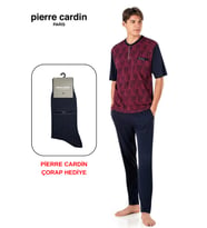 Pierre Cardin Paris Premium Erkek Jakarlı 3’lü Kısa Kol Kapri Uzun Kutulu Pijama Takım Çorap Hediyeli