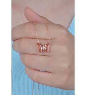 925 Ayar Gümüş Pembe Taşlı Kelebek Kolye