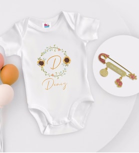 BK Kids Kişiye Özel Harfli İsimli Beyaz Bebek Body Zıbın ve Kız Bebek İğnesi Hediye Seti-3