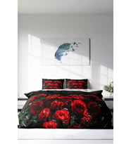 Çift Kişilik ( Lastikli Çarşaflı ) %100 Pamuk Saten Nevresim Takımı Red Black Roses