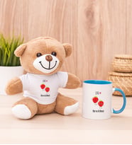 Kişiye Özel Sevimli Çilekler Peluş Ayı ve Mavi Kupa