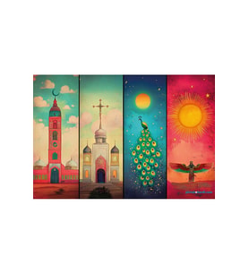 Dört Din Temalı Poster - Müslümanlık - Hiristiyanlık - Yezidilik - Zerdüştlük Posterleri (Siyah-Gri)