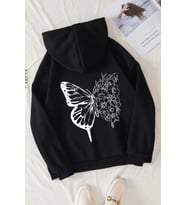 Unisex Drawing Butterflies Sırt Baskılı Sweatshirt (Siyah)