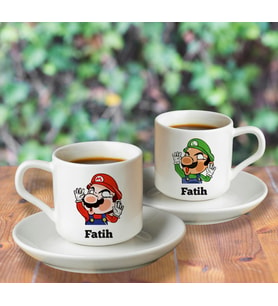 Süper Mario Luigi Tasarımlı İkili Türk Kahvesi Fincanı Seti Kişiye Özel