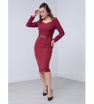Atlas Kumaş Kalp Yaka Kemerli Elbise - BORDO