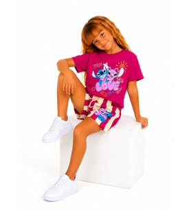 Cg Kids Stitch ve Angel Kız Çocuk Baskılı Çizgili Şortlu Takım - Fuşya / Mürdüm
