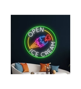 OPEN ICE CREAM Yazılı ve Şekilli Neon Tabela