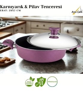 ARZU ÇELİK 28 Cm Granit Karnıyarık & Pilav Tenceresi Çelik Kapak - Mürdüm