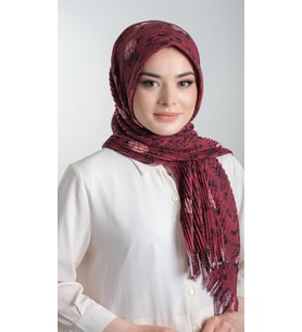 Bordo Pratik Hazır Geçmeli Tesettür Eşarp Kesik Elyaf Piliseli Çiçek Desenli 1818D6_16