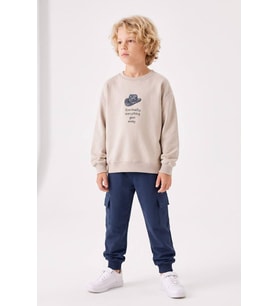 Erkek Çocuk Şapka Baskılı Sırtı At Figürlü Sweatshirt Kargo Cepli Lacivert Eşofm