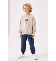 Erkek Çocuk Şapka Baskılı Sırtı At Figürlü Sweatshirt Kargo Cepli Lacivert Eşofm