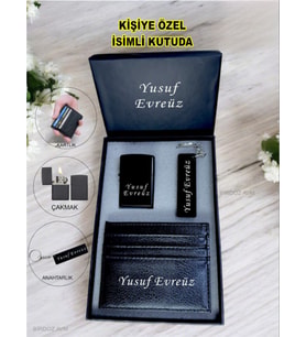 Kişiye Özel İsimli Benzinli Lüks Çakmak & Kartlık & Anahtarlık 3 Lü Hediye Set Özel İsimli Kutusunda
