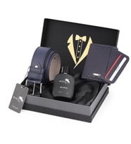 Polo Air Erkek Damat Çeyiz Kravatlı Kutuda 4'lü Dama Şık Set Kemer, Cüzdan, Kartlık, Parfüm P-DMT-0013 (Lacivert)