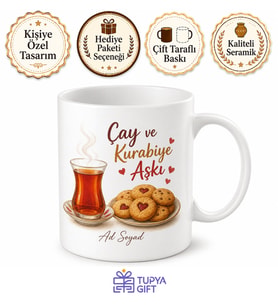 Çay ve Kurabiye Aşkı Yazılı Baskılı Kupa Bardak Hediye Porselen Mug