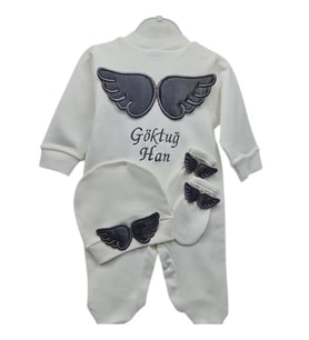 İsimli Hastane Çıkışı 3 Lü Set Melek Kanatlı Gri (Ekru)
