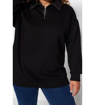 Büyük Beden Oversize Fermuarlı Yaka Düşük Kol Uzun Kalın İçi Polarlı Fermuarlı Örme Sweatshirt