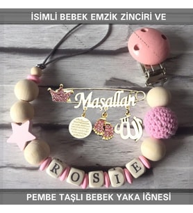 İsimli Bebek Emzik Zinciri ve Pembe Taşlı Bebek Yaka İğnesi