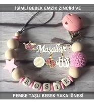 İsimli Bebek Emzik Zinciri ve Pembe Taşlı Bebek Yaka İğnesi