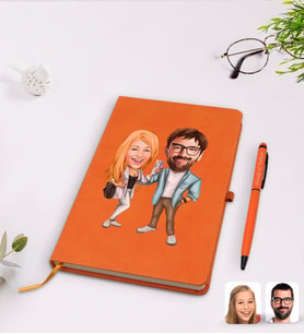 BK Gift Kişiye Özel Sevgililer Karikatürlü Turuncu Termo Deri Defter Kalem Seti Model 93