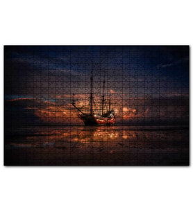 Cakapuzzle Günbatımında Dev Kalyon ve Kızıl Mor Bulutlar  Puzzle Yapboz MDF (Ahşap) (120 Parça)