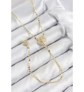 Pirinç Zirkon Taşlı Ezme Zincirli Madalyon Model Gold Renk Y Kolye TJ-BKO10471