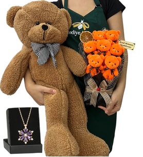 Kişiye Özel Hediye Seti - Ametist Taşlı Lotus Kolye, 7'li Ayıcık Buketi ve Kahve Peluş Ayıcık (Model 1)