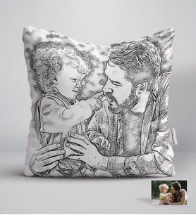 BK Gift Kişiye Özel Tam Boy Karakalem Baba ve Oğul Karikatürlü Beyaz Yastık-1