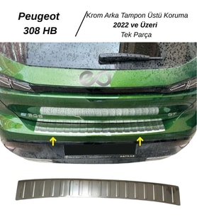 Peugeot 308 HB Krom Arka Tampon Üstü Koruma 2022 ve Üzeri Paslanmaz Çelik (Gümüş)