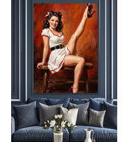 Kırmızı Elbiseli Vintage Pin-Up Kadın Dekoratif Kanvas - Mdf Ahşap Tablo