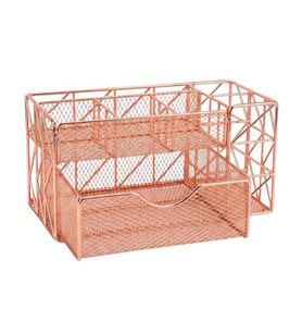 Temel Rose Gold Metal Mesh Masaüstü Organizer Çekmeceli Çok Bölmeli 21.8x11.5x11 cm 9510