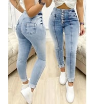 Kadın Çok Düğmeli Yüksek Bel Jean pantolon (Mavi)