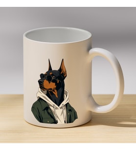 Gözlüklü Ceketli Doberman Baskılı Porselen Kupa - Köpek Severlere Hediye Kahve Kupası