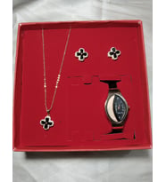 Hediyelik Kadın Oval Taşlı Saat ve Kolye+Küpe 4li Takı Seti, (Rose Gold Altın)