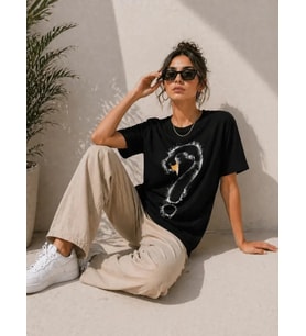 Kuğu Figürlü Soru İşareti Baskılı Tişört Kısa Kol T-Shirt - Siyah