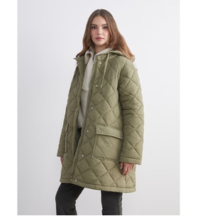LCW Modest Haki Kapüşonlu Kapitone Oversize Kadın Şişme Mont