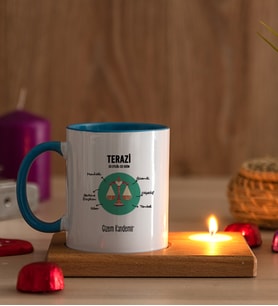 Kişiye Özel Terazi Burcuna Hediye Ahşap Altlıklı Mumlu Mavi Kupa