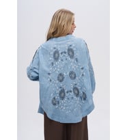 Kadın Çiçek Nakışlı ve Taş İşlemeli Oversize Kimono (Mavi)