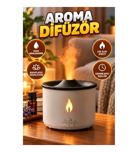 Ultrasonik Aroma Difüzörü – LED Alev Efektli Hava Nemlendirici ve Gece Lambası