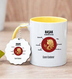 Kişiye Özel Başak Burcuna Hediye Sarı Kupa Bardak ve Anahtarlık