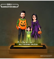 Kişiye Özel 3 Kişilik Başsız Bal Kabağı Karikatürlü 14 cm MDF Işıklı Biblo - Aile Hediyesi Anne Baba ve Aileye Hediye