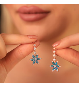 925 Ayar Gümüş Aquamarine Taşlı Kamelya Küpe