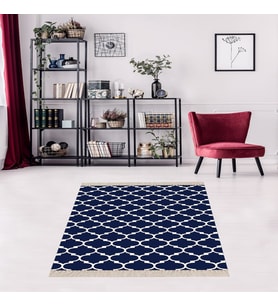 Geometrik Karo Desenli Dijital Baskı Yıkanabilir Kaymaz Taban Modern Salon Halısı ve Yolluk (Laci) (Lacivert)